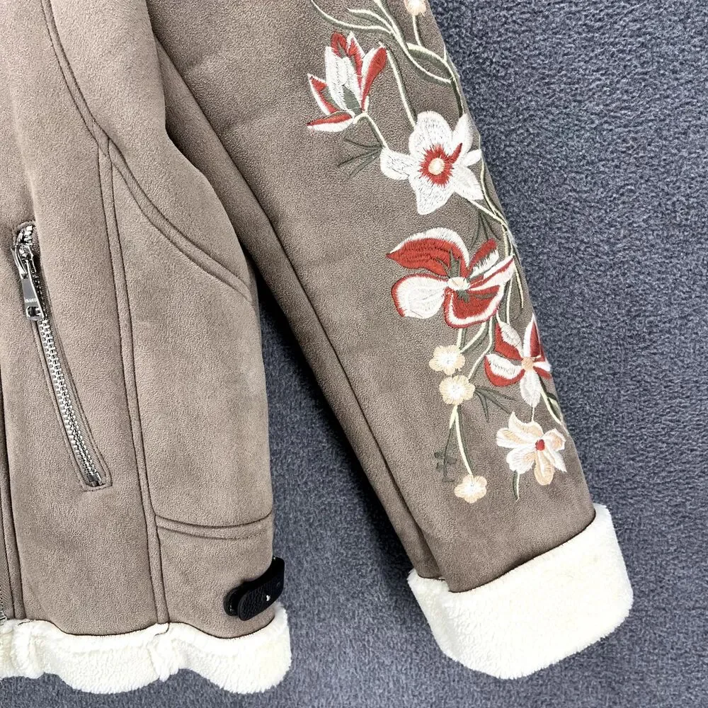 DRIFTWOOD Jacket womens Small faux suede beige embroidered sleeves Fleece lined - Picture 6 of 16
